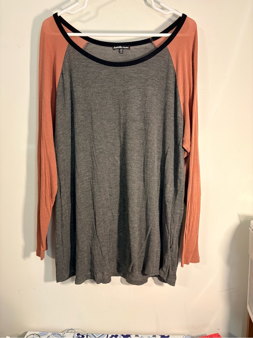 Charlotte Russe Gray and Peach Raglan Long Sleeve Top